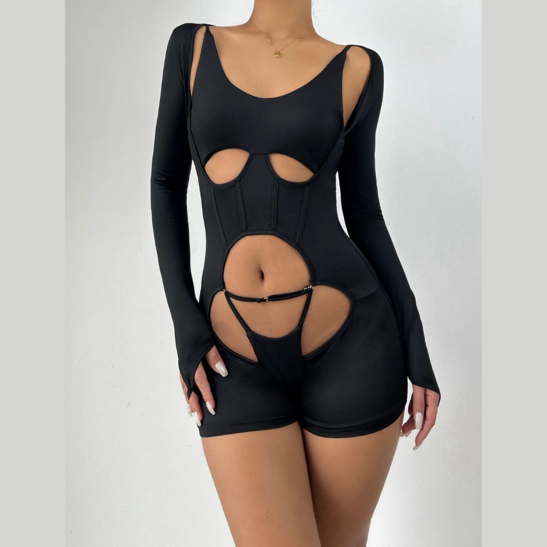 Long sleeve hollow out u neck gloves romper  | Festival Outfits Women
