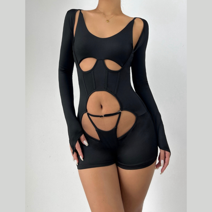Long sleeve hollow out u neck gloves romper  | Festival Outfits Women