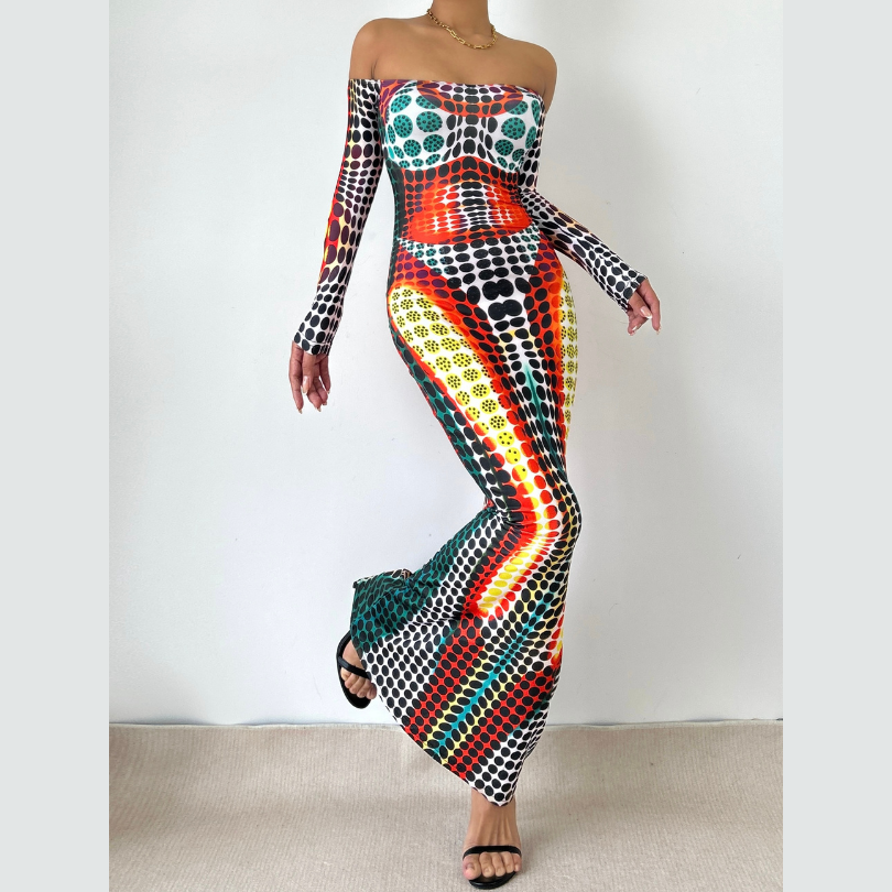 Polka dot thermal contrast off shoulder long sleeve backless maxi dress