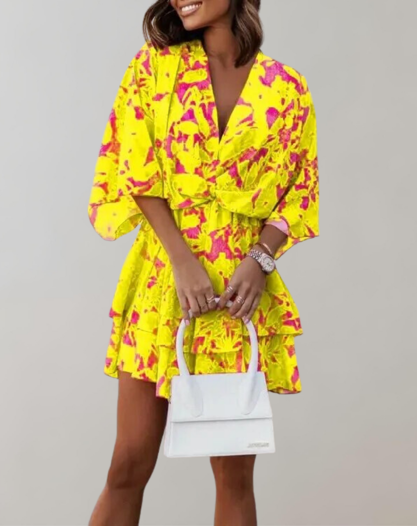 Vestido midi clásico con cuello en V y mangas murciélago para mujer | Ideal para primavera/verano