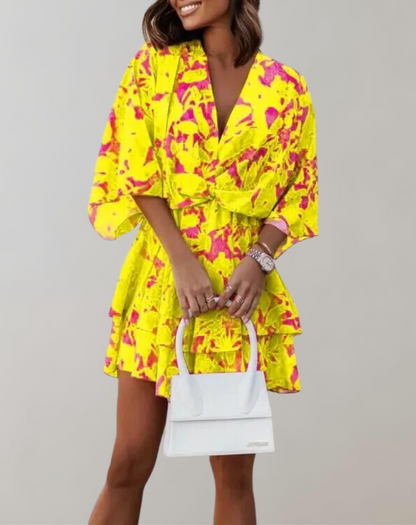 Vestido midi clásico con cuello en V y mangas murciélago para mujer | Ideal para primavera/verano