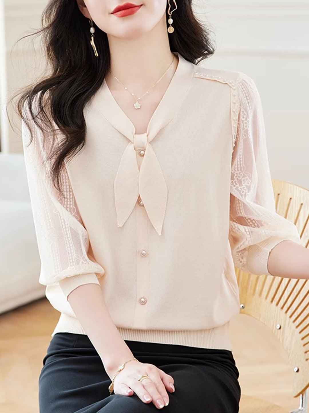 Lillian Loose V-Neck Puff Sleeve Bow Lace Knitted Top
