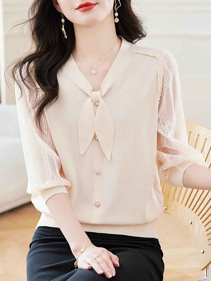Lillian Loose V-Neck Puff Sleeve Bow Lace Knitted Top