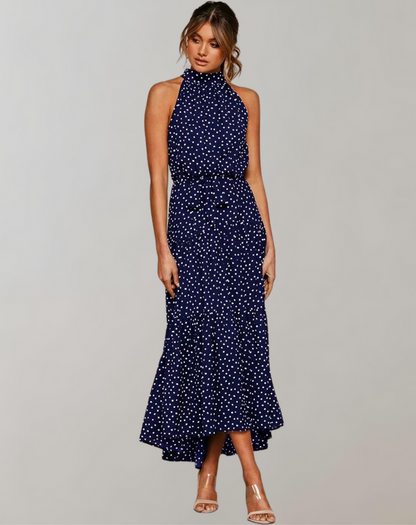 Vestido largo informal con cuello halter y estampado de lunares para mujer | Ideal para primavera/verano