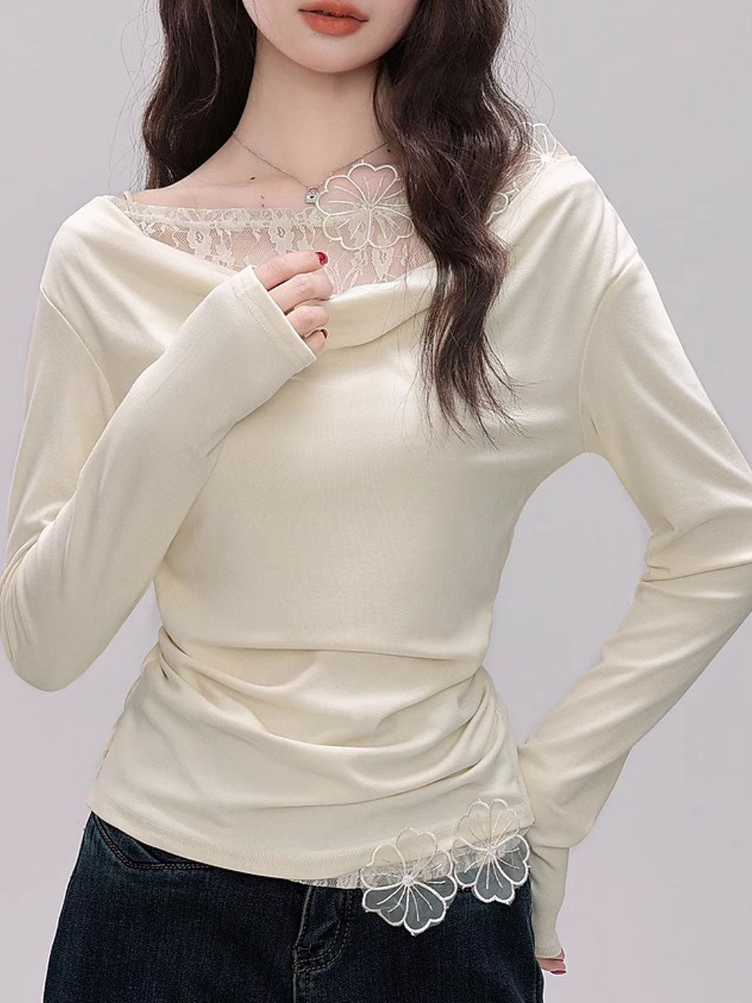 Julia Slim Swing Collar Dimensional Flower Patchwork Top