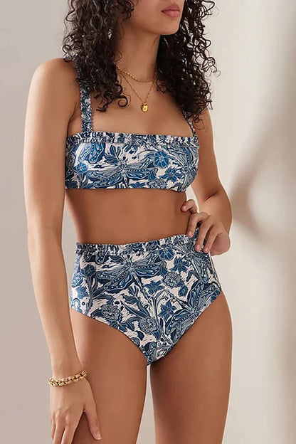Conjunto de bikini con volantes y estampado de libélulas azules