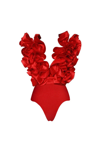 Conjunto de traje de baño rojo con escote en V y ribete de encaje