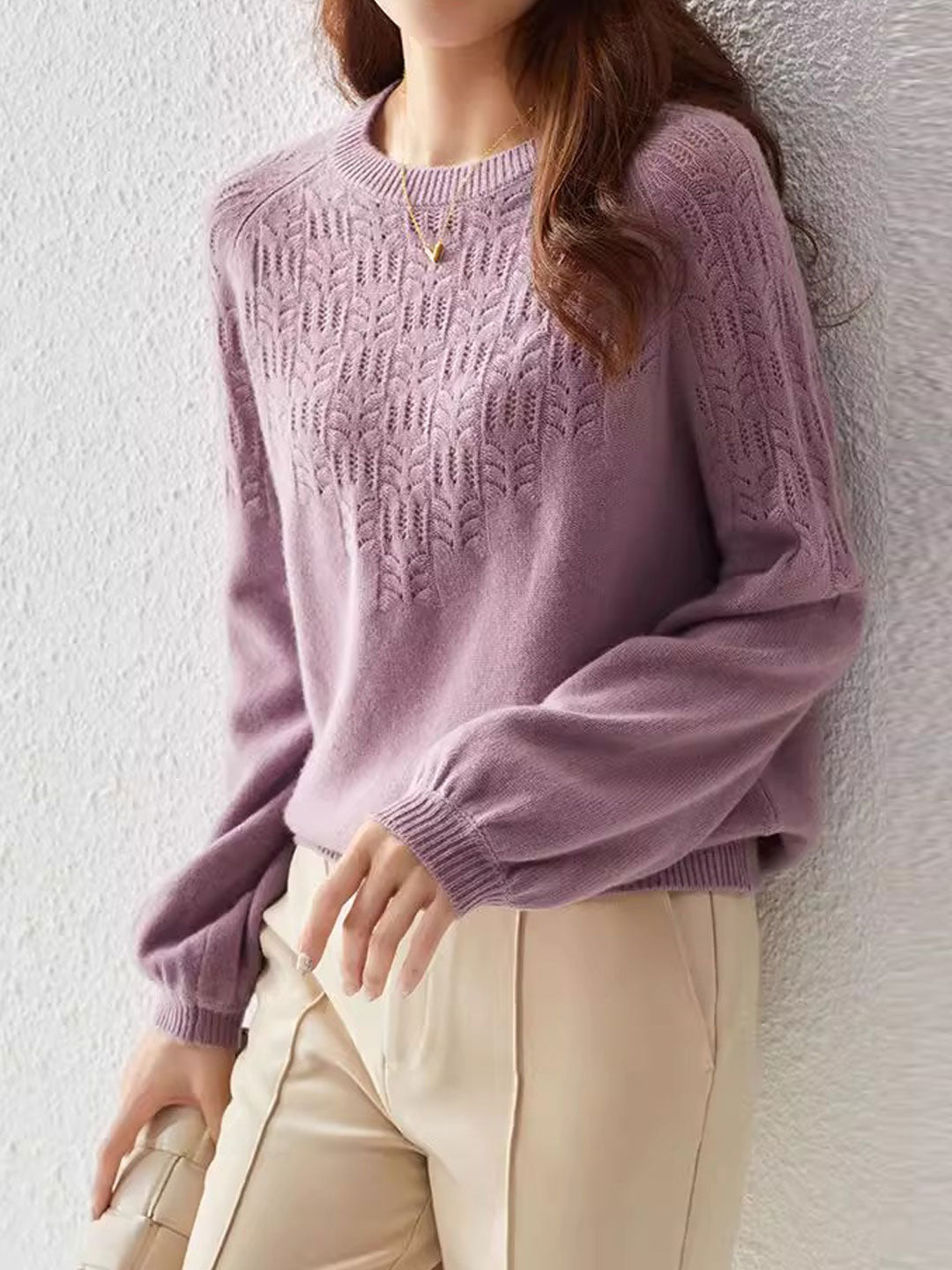 Lauren Elegant Crew Neck Lantern Sleeve Hollowed Top