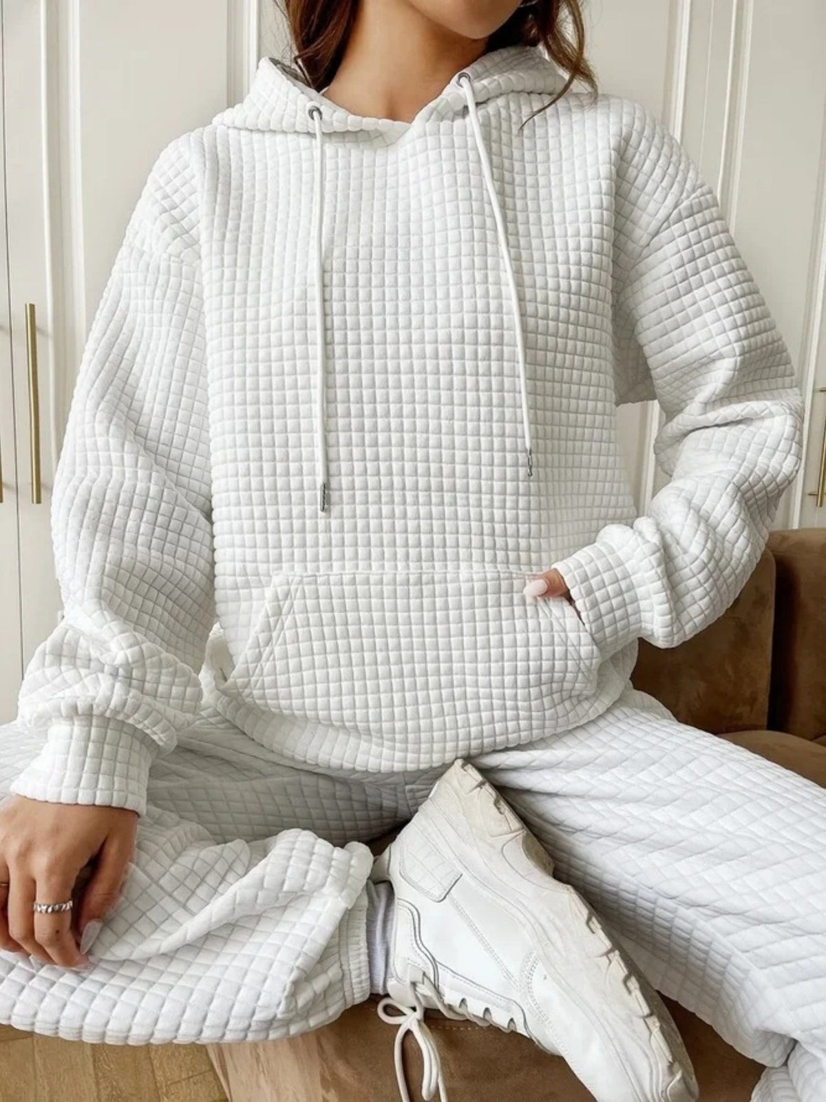 Waffle Drawstring Pocket Round Neck Long Sleeve Hoodie