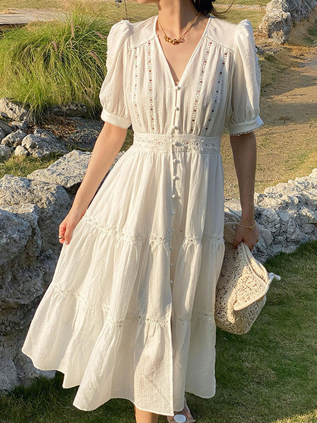 Zoey Elegant V-neck Puff Sleeve Hollowed Dress