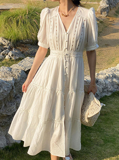 Zoey Elegant V-neck Puff Sleeve Hollowed Dress