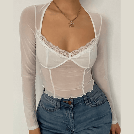 Hem lace ruffled long sleeve mesh crop top | Mesh Long Sleeve Crop Top