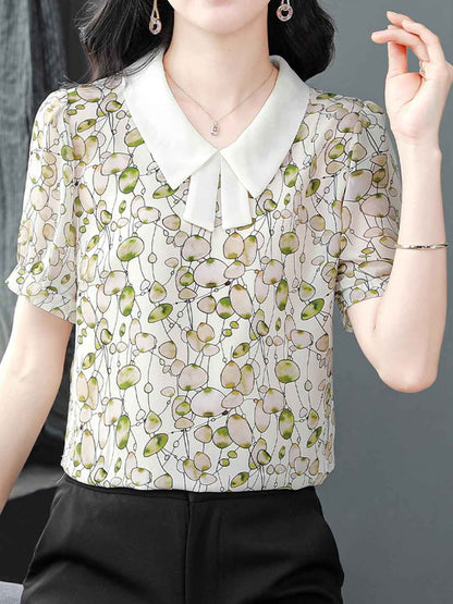 Mariah Classic Lapel Floral Printed Chiffon Top