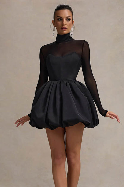 Vestido minivestido elegante de invierno de malla transparente, ajustado y abullonado