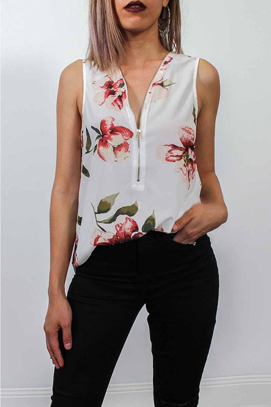 Summer Fashion Zipper Design Floral Tank Top