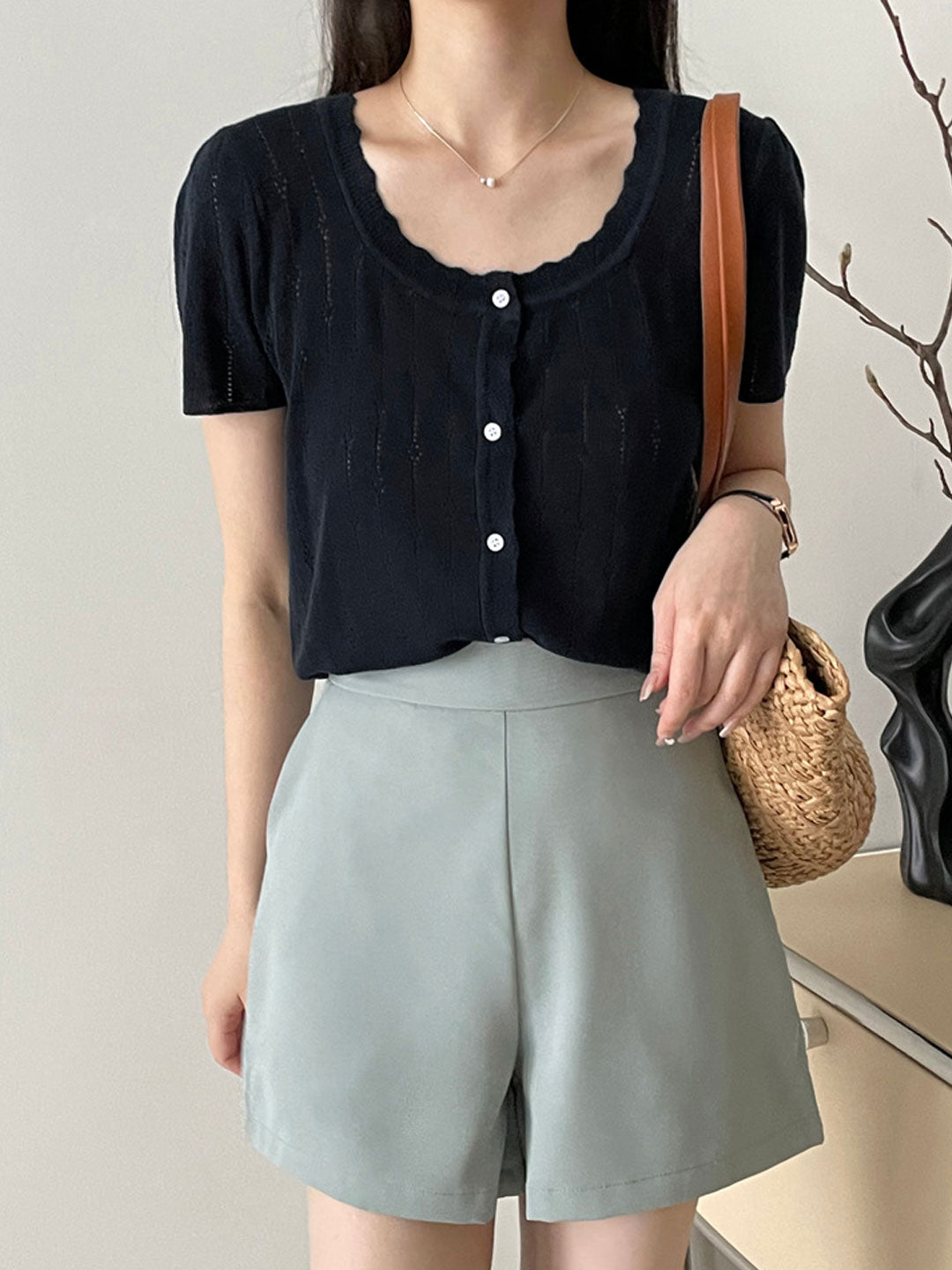 Madison Vacation Crew Neck Hollowed Jacquard Knitted Top