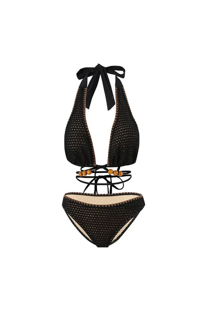 Conjunto de bikini negro con lazo y cuentas de punto