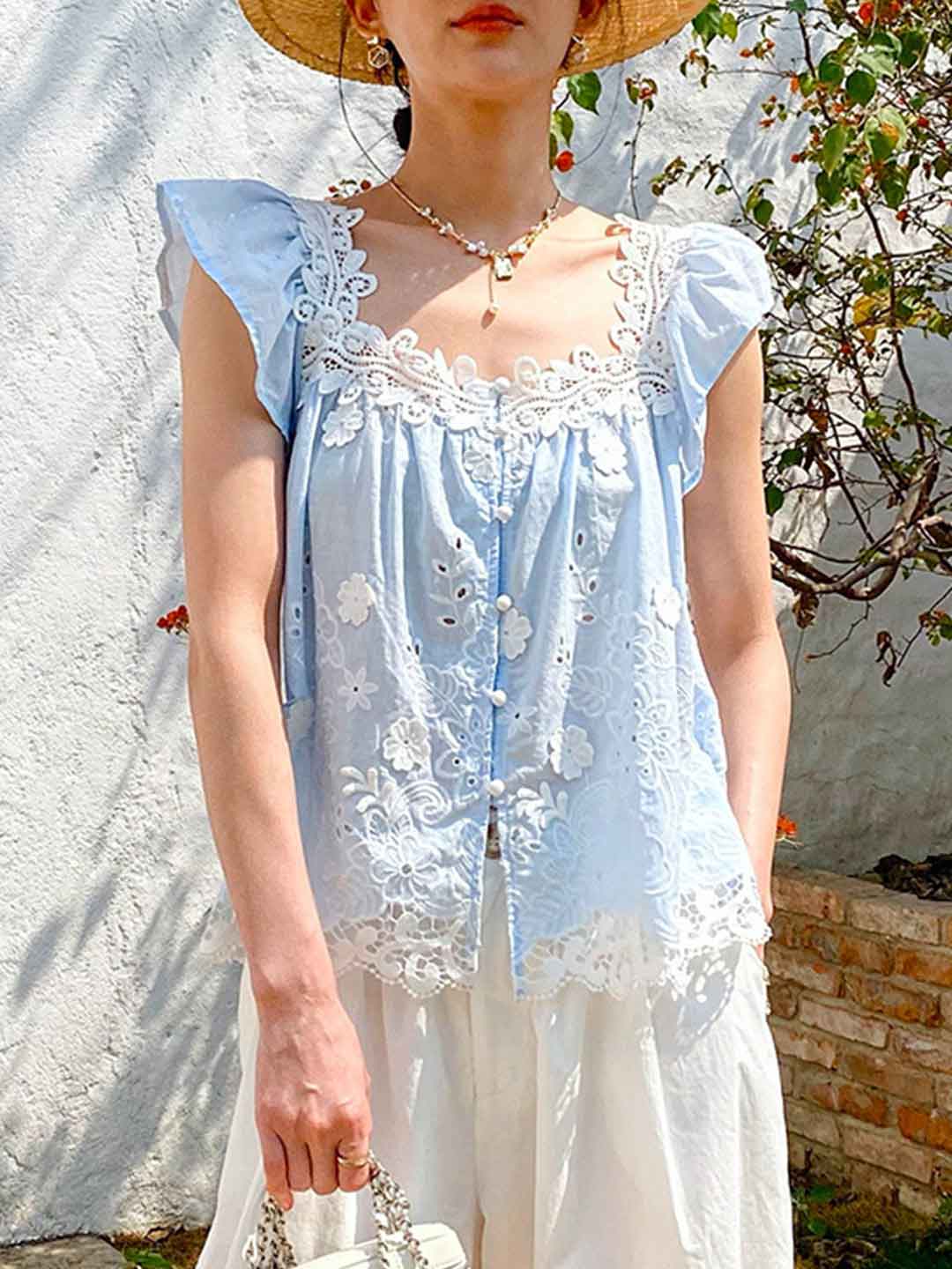 Sydney Vacation Square Neck Crochet Embroidered Top