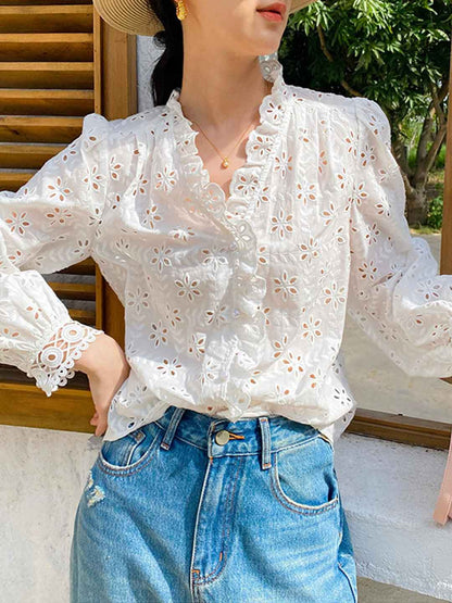 Julia Elegant V-Neck Puff Sleeve Embroidered Top