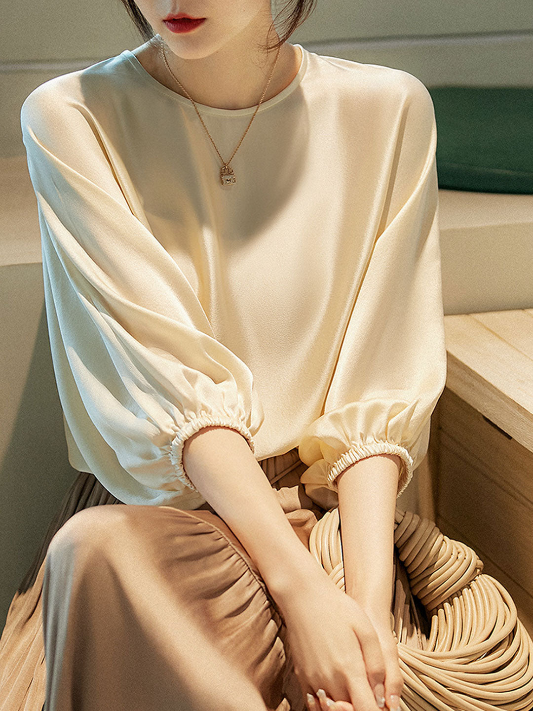 Isabella Loose Crew Neck Satin Balloon Sleeve Shirt