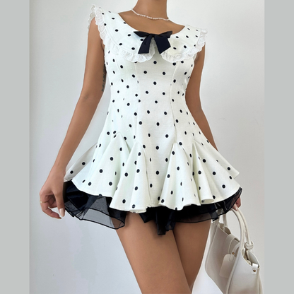 Polka dot lace hem bowknot ruffle mini dress  | Festival Outfits Women