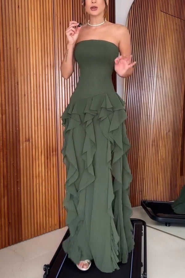 Elegant Sleeveless Off-shoulder Fitted Ruffled High Slit Maxi Dress