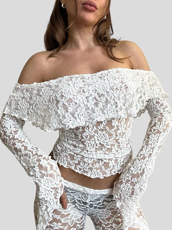Lace Off Shoulder Long Sleeve Tee & Flared Pants Set