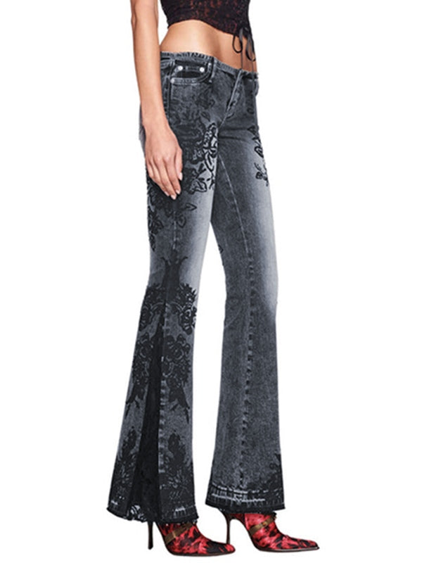 Vintage Plant Print Low Rise Flare Jeans