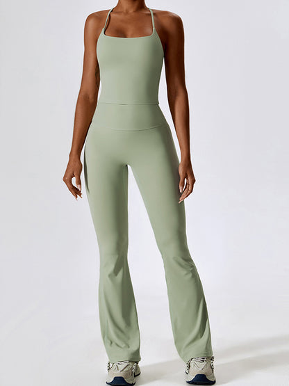 Sporty Solid Quick Dry Cami Top & Flared Pants Set