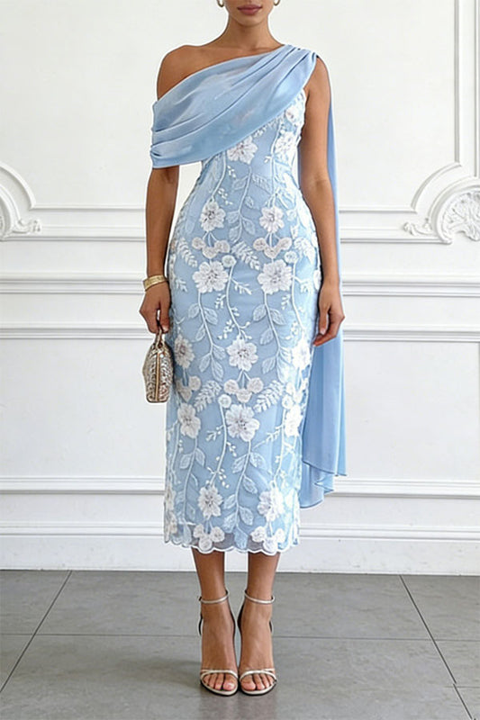 Ellie Ruched Drape Tulle One Shoulder Floral Embroidery Party Midi Dress