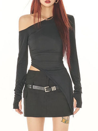 Slanted Shoulder Ruched Irregular Hem Long Sleeve Tee