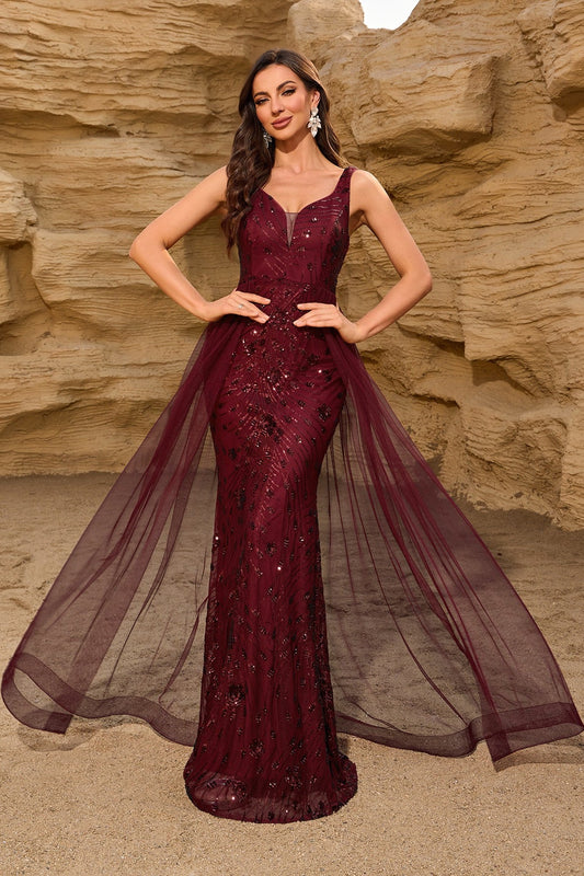 Classic Burgundy Sequin Mesh V Neck U Back Prom Dress