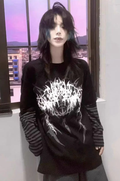 Y2K Dark Grunge Rock Printed Layered Versatile T-shirt