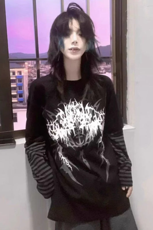 Y2K Dark Grunge Rock Printed Layered Versatile T-shirt