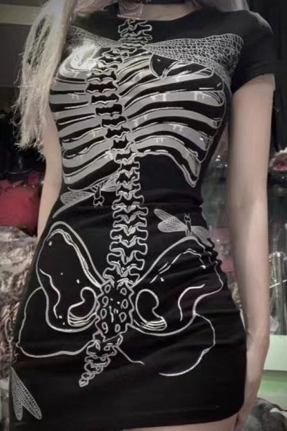 Dark Gothic Skeleton Bone Print Sheer Slim Dress