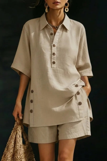 Solid Color Collared Short-sleeved Button-down Loose Top and Elastic Waist Pocket Shorts Set