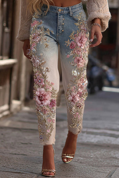 3D Floral Print Pocket Casual Jeans