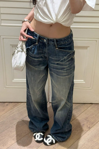Blue Low Rise Washed Relaxed Straight Jeans