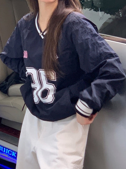 Number Print V Neck Thin Sweatshirt