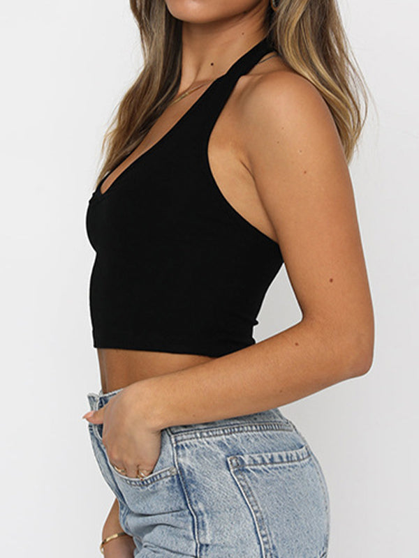 Solid Color Y2k Backless V Neck Halter Vest