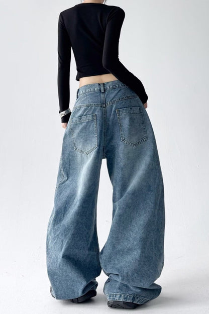 Relaxed Fit Letter Print Draping Curved Leg Jeans