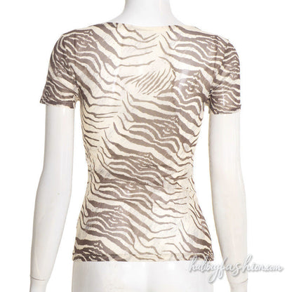 Short sleeve crewneck print sheer mesh top