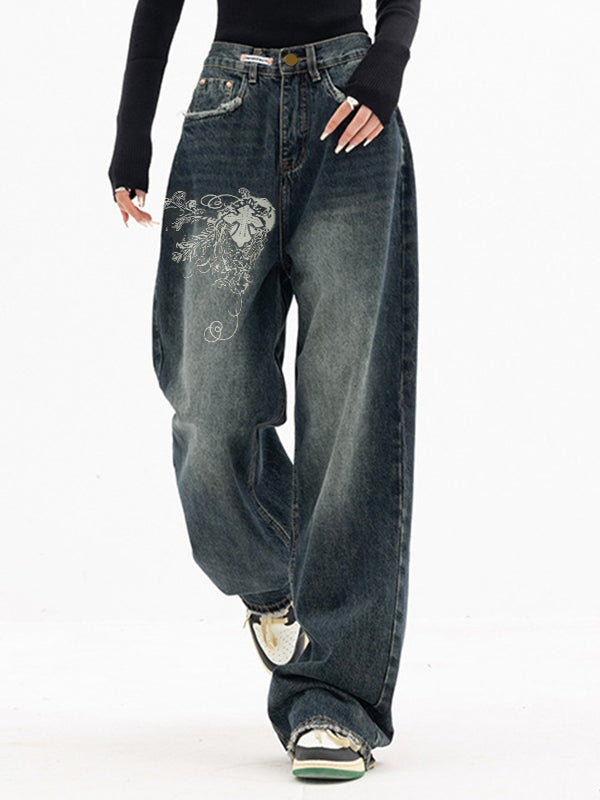 Dark Wash Print Vintage Baggy Boyfriend Jeans