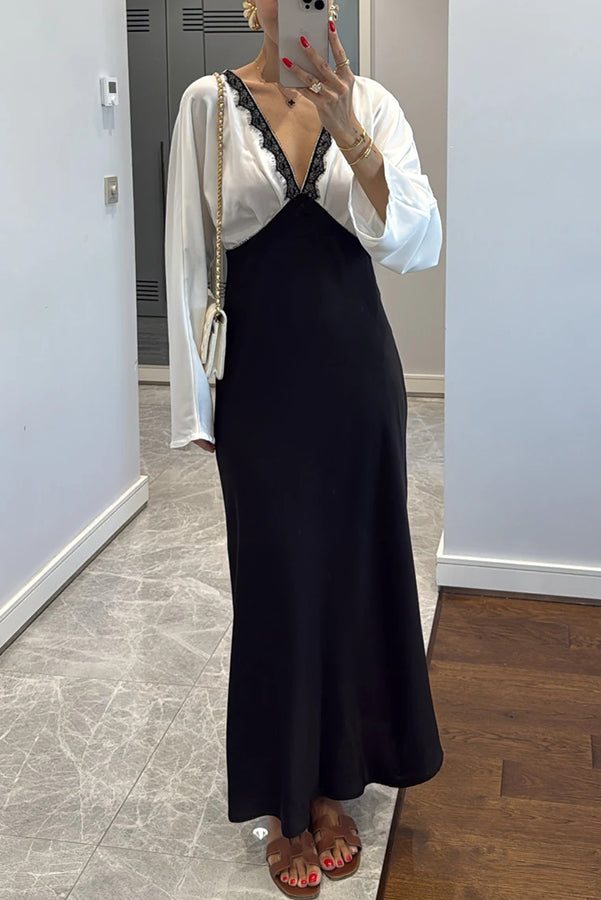 Lainei Contrast Color Satin Lace Trim V-neck Long Sleeve Maxi Dress