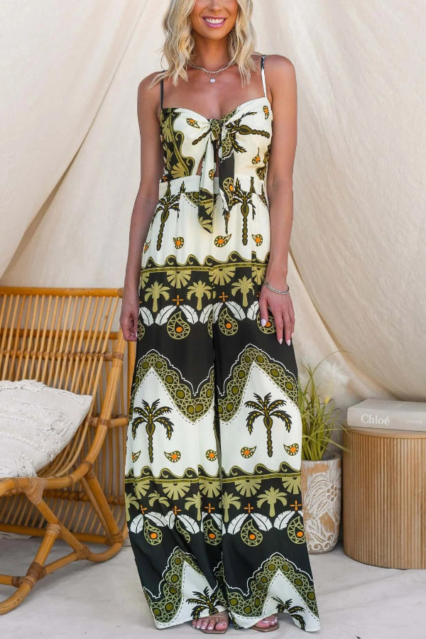 Unique Print Casual Spaghetti Strap High Waist Resort Loose Wide Leg Jumpsuit