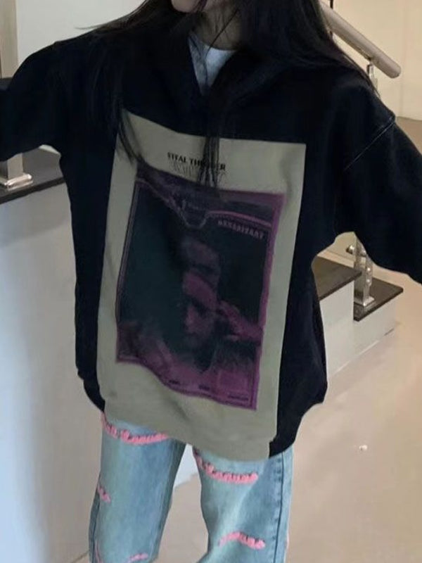 Vintage Portrait Print Splice Crew Neck Sweatshirt