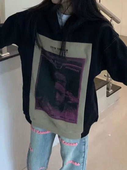 Vintage Portrait Print Splice Crew Neck Sweatshirt