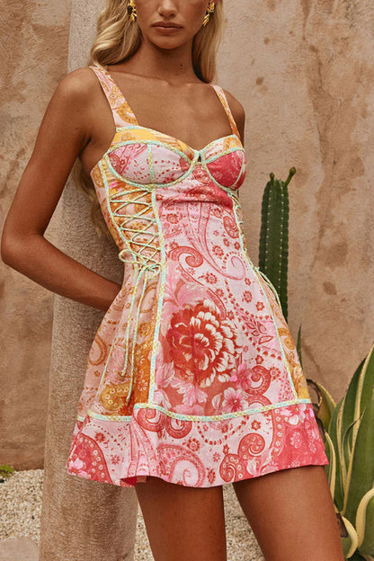Sweet Floral Print Square Neck Suspender Slim-fit Mini Dress