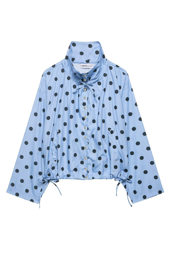 Polka Dot Print Loose Stand Collar Button Bow Tie Casual Long-sleeved Jacket