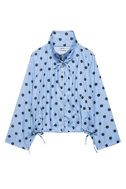 Polka Dot Print Loose Stand Collar Button Bow Tie Casual Long-sleeved Jacket